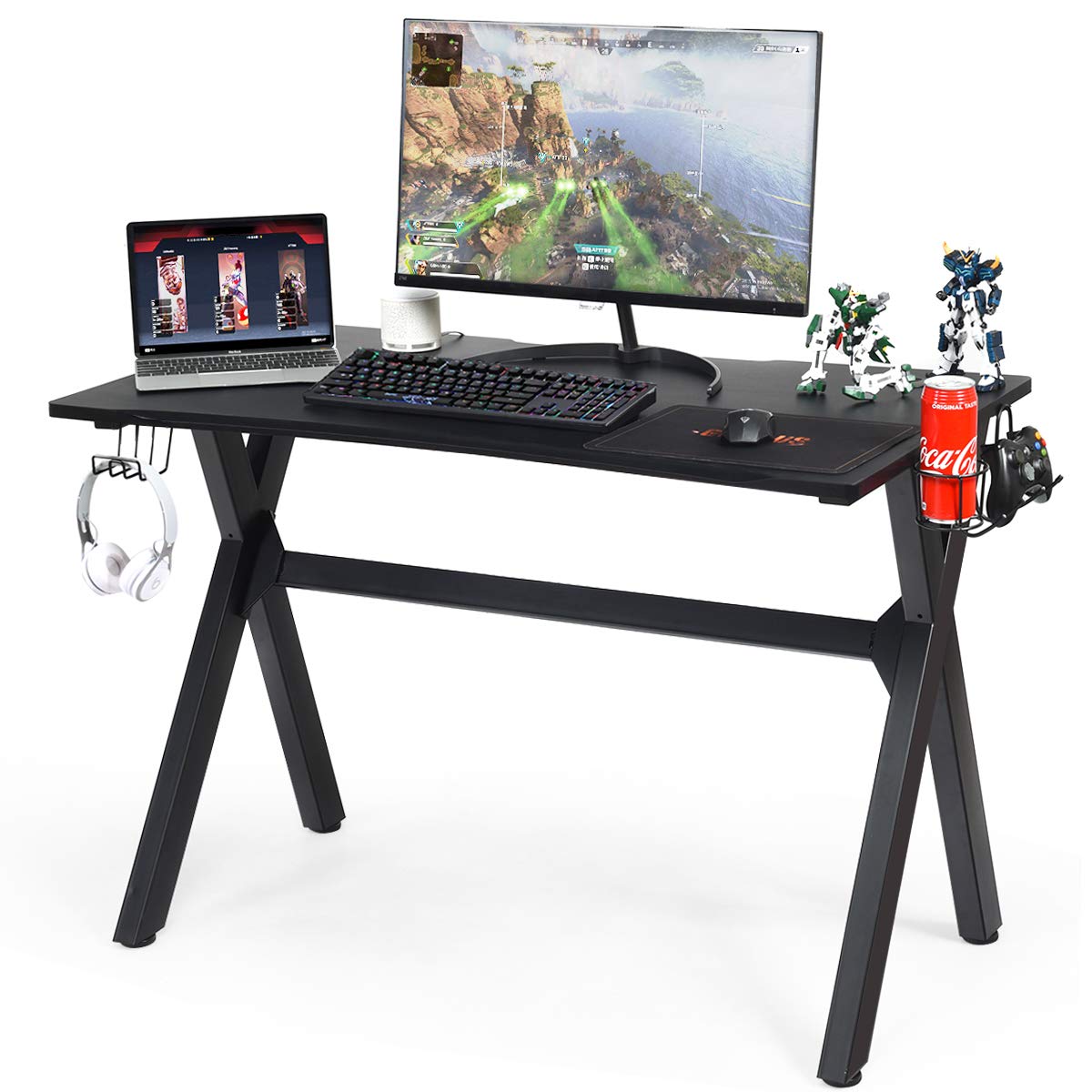 Tangkula Bureau informatique pour jeux vidéo, bureau e-sport ergonomique avec porte-gobelet et support pour casque, et tapis de souris